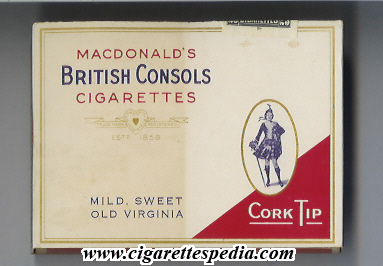 british consols macdonald s mild sweet old virginia cork tip s 25 b white red canada